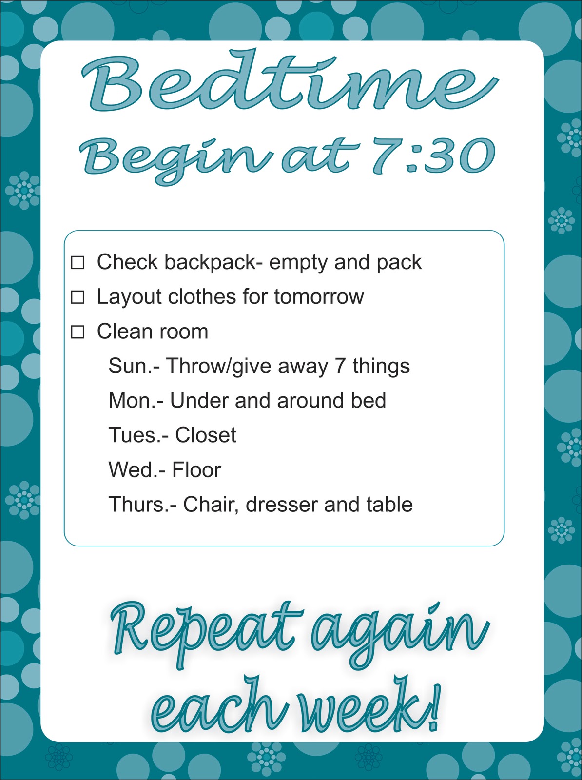 Checklist for cleaning your room Whether you need help with your spring cleaning or would like to explore a custom cleaning schedule that meets your needs, contact your local Molly Maid. We've been taking care of homes and giving our busy clients the gift of time for over 30 years. To receive more cleaning tips like our house cleaning checklist, sign up for our newsletter.